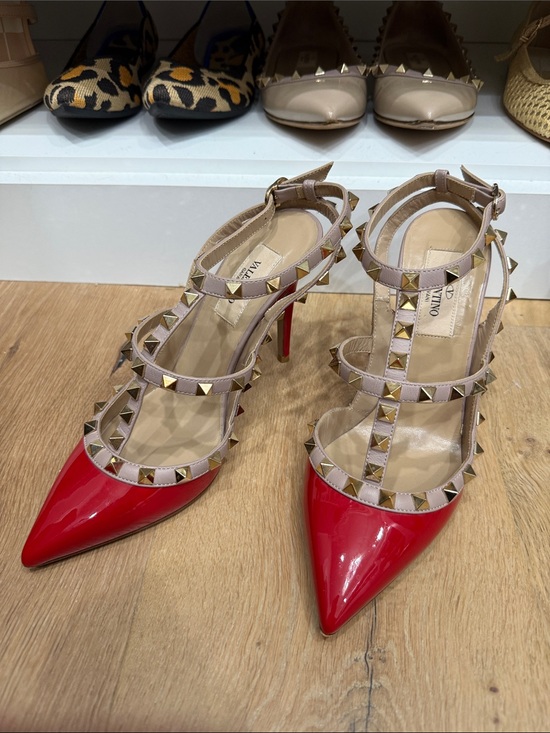 Valentino Garavani Shoes - Valentino Garavani Red Patent Leather Rockstud T-Strap Pumps 36.5